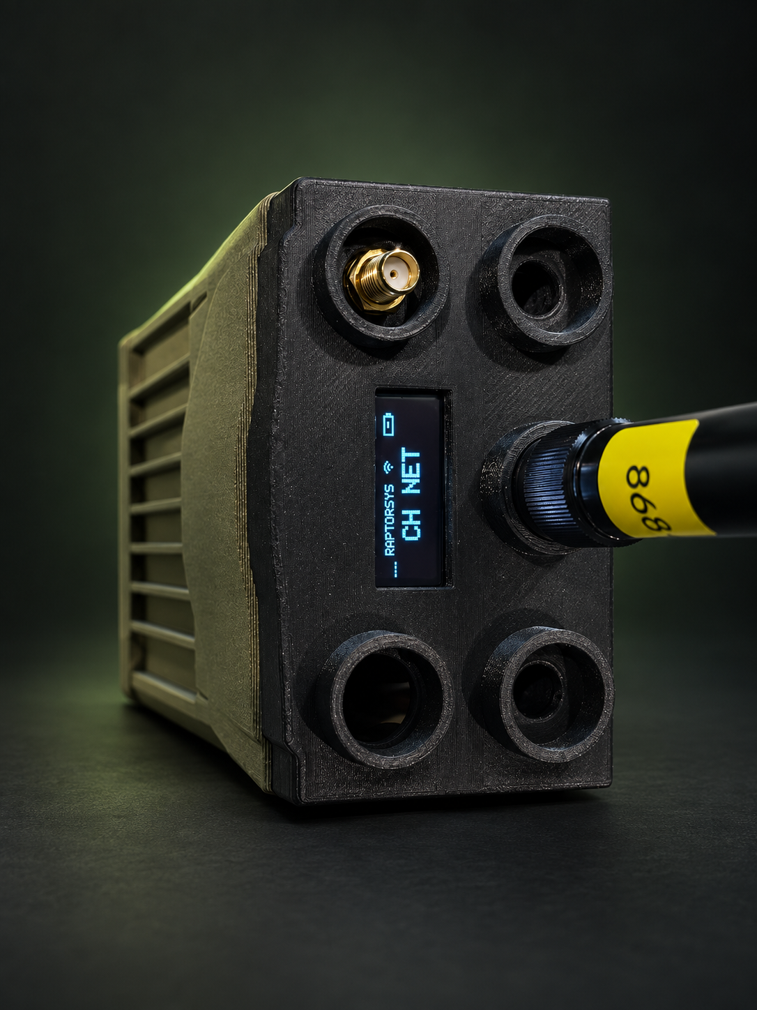 First physical Raptor field communications node with antenna and OLED display
